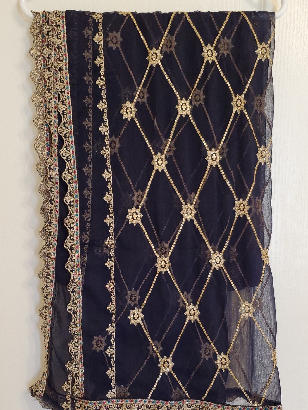Embroidered Dark Blue W/Gold Thread Chiffon Dupatta.